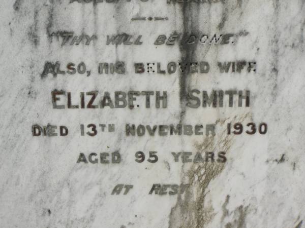 Henry SMITH,  | of Sheffield Orangery Howard,  | died 3 July 1903 aged 70 years;  | Elizabeth SMITH,  | wife,  | died 13 Nov 1930 aged 95 years;  | Howard cemetery, City of Hervey Bay  | 