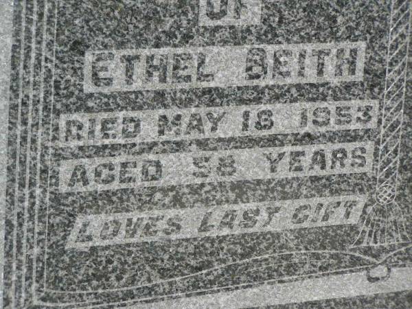 Ethel BEITH,  | died 18 May 1953 aged 58 years;  | Malcolm BEITH,  | husband,  | died 2 July 1955 aged 62 years;  | Howard cemetery, City of Hervey Bay  | 