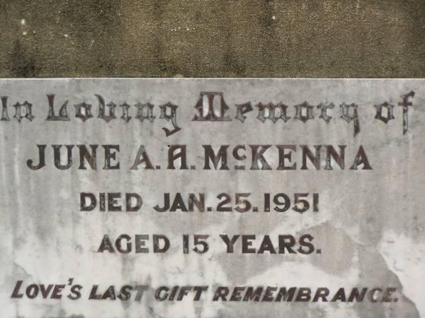June A.H. MCKENNA,  | died 25 Jan 1951 aged 15 years;  | Howard cemetery, City of Hervey Bay  | 