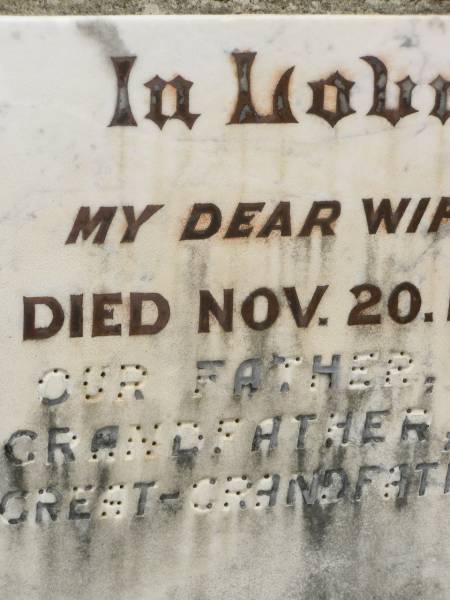 P.A. BURNETT,  | wife,  | died 20 Nov 1948 aged 65 years;  | J.W. BURNETT,  | father grandfather great-grandfather,  | aged 83 years;  | Howard cemetery, City of Hervey Bay  | 