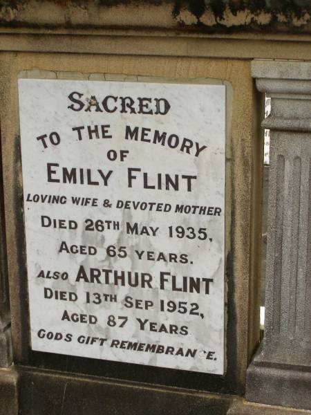 Emily FLINT,  | wife mother,  | died 26 May 1935 aged 65 years;  | Arthur FLINT,  | died 13 Sept 1952 aged 87 years;  | Howard cemetery, City of Hervey Bay  | 
