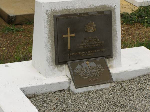 S. COTTRELL,  | died 15 July 1964 aged 75 years,  | husband of Mary COTTRELL;  | Mary COTTRELL,  | died 8 July 1965 aged 76 years;  | Howard cemetery, City of Hervey Bay  | 