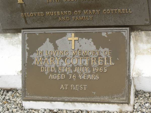 S. COTTRELL,  | died 15 July 1964 aged 75 years,  | husband of Mary COTTRELL;  | Mary COTTRELL,  | died 8 July 1965 aged 76 years;  | Howard cemetery, City of Hervey Bay  | 