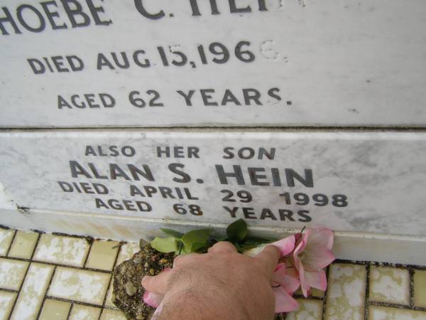 Phoebe C. HEIN,  | mother,  | died 15 Aug 1966 aged 62 years;  | Alan S. HEIN,  | son,  | died 29 April 1998 aged 68 years;  | Howard cemetery, City of Hervey Bay  | 