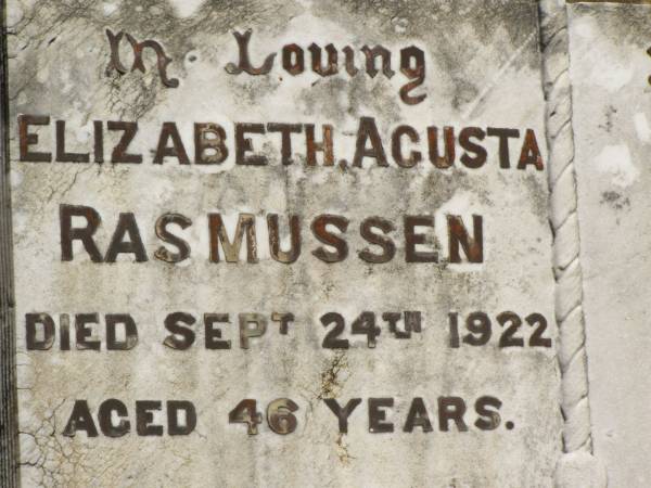 Elizabeth Agusta RASMUSSEN,  | died 24 Sept 1922 aged 46 years;  | Howard cemetery, City of Hervey Bay  | 