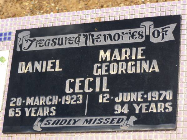 Daniel CECIL,  | died 20 March 1923 aged 65 years;  | Marie Georgina CECIL,  | died 12 June 1970 aged 94 years;  | Howard cemetery, City of Hervey Bay  | 