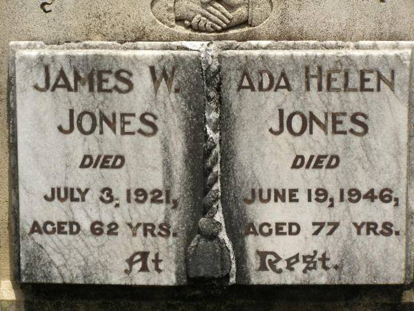 James W. JONES,  | died 3 July 1921 aged 62 years;  | Ada Helen JONES,  | died 19 June 1946 aged 77 years;  | Howard cemetery, City of Hervey Bay  | 