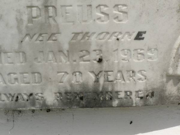 Holly Blennerhassett PREUSS (nee THORNE),  | died 23 Jan 1969 aged 70 years;  | Howard cemetery, City of Hervey Bay  | 