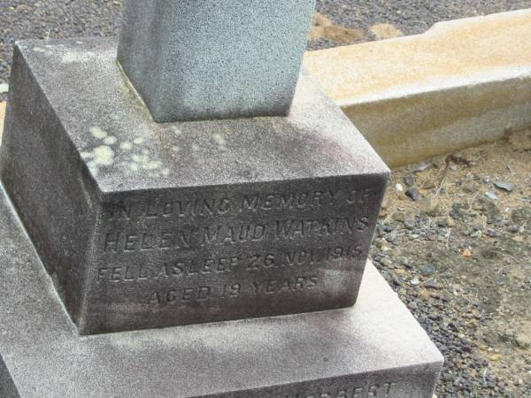 Helen Maud WATKINS,  | died 26 Nov 1915 aged 18 years;  | Thomas Herbert,  | died in camp 2 Sep 1916 agd 23 years;  | Thomas Herbert WATKINS,  | died 2 Sept 1916;  | Howard cemetery, City of Hervey Bay  | 