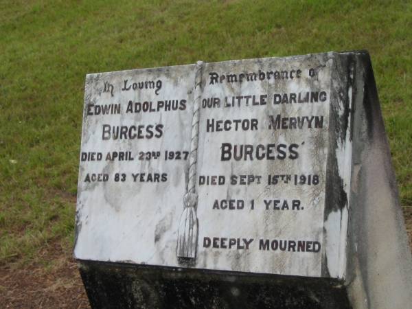 Edwin Adolphus BURGESS,  | died 23 April 1927 aged 83 years;  | Hector Mervyn BURGESS,  | died 15 Sept 1918 aged 1 year;  | Howard cemetery, City of Hervey Bay  | 