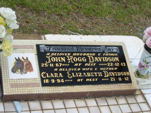 John Hogg DAVIDSON,  | husband father,  | born 22-12-13,  | died 25-11-67;  | Clara Elizabeth DAVIDSON,  | wife mother,  | born 21-11-12,  | died 18-9-94;  | Howard cemetery, City of Hervey Bay  | 
