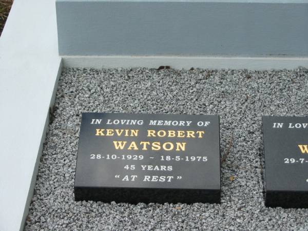 Robert Eardley WATSON,  | died 6 Oct 1954 aged 45 years;  | Raymond WATSON,  | died 13 Feb 1976 aged 40 years;  | Kevin Robert WATSON,  | 28-10-1929 - 18-5-1975 aged 45 years;  | Keith WATSON,  | 29-7-1934 - 7-8-2004 aged 70 years;  | Howard cemetery, City of Hervey Bay  | 