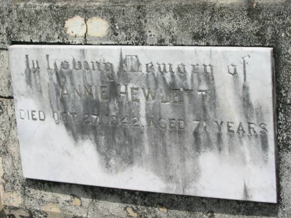 Annie HEWLETT,  | died 27 Oct 1942 aged 71 years;  | Howard cemetery, City of Hervey Bay  | 