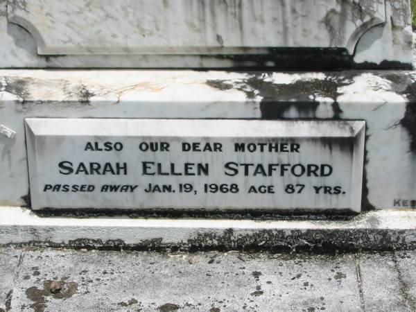 Edward James STAFFORD,  | husband father,  | accidentally killded 29 Oct 1925 aged 51 years;  | Myrtle,  | infant daughter;  | Sarah Ellen STAFFORD,  | mother,  | died 19 Jan 1968 aged 86 years;  | Howard cemetery, City of Hervey Bay  |   | 