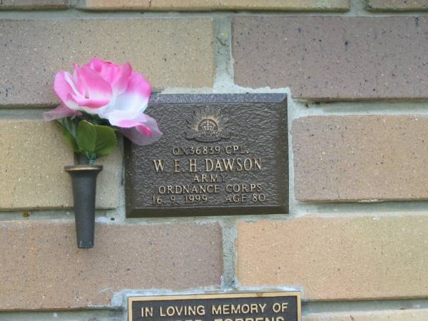 W.E.H. DAWSON,  | died 16-9-1999 aged 80 years;  | Howard cemetery, City of Hervey Bay  | 