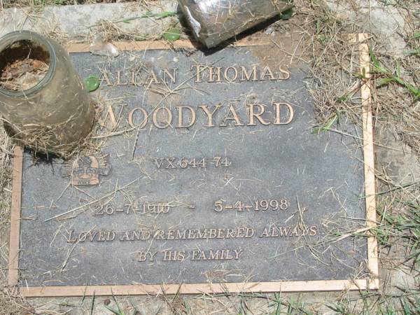 Allan Thomas WOODYARD,  | 26-7-1910 - 5-4-1998;  | Howard cemetery, City of Hervey Bay  | 