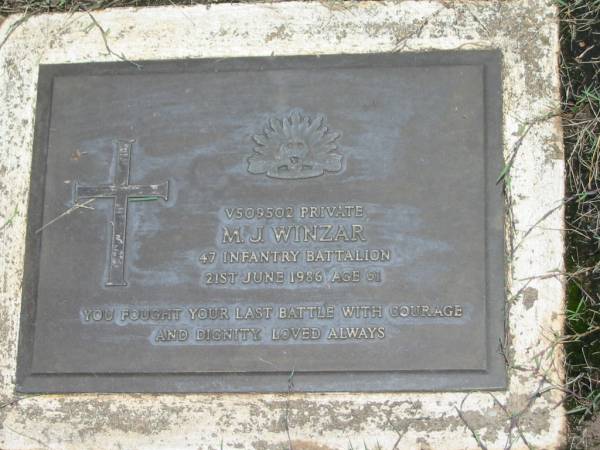 M.J. WINZAR,  | died 21 June 1986 aged 61 years;  | Howard cemetery, City of Hervey Bay  | 