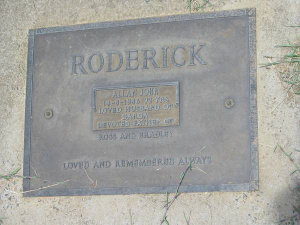 Allan John RODERICK,  | died 14-8-1986 aged 72 years,  | husband of Darda,  | father of Ross & Bradley;  | Howard cemetery, City of Hervey Bay  | 