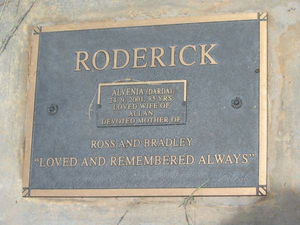Alvenia (Darda) RODERICK,  | died 24-9-2001 aged 85 years,  | wife of Allan,  | mother of Ross & Bradley;  | Howard cemetery, City of Hervey Bay  | 