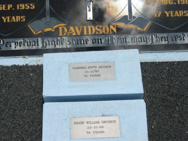 Henry William DAVIDSON,  | died 30 Sept 1955 aged 43 years;  | Veronica Carmel DAVISON,  | died 6 Aug 1961 aged 17 years;  | Clarence Keith DAVIDSON,  | died 21-11-85 aged 52 years;  | Henry William DAVIDSON,  | died 23-10-86 aged 54 years;  | Doris Irene DAVISON,  | died 7-7-95 aged 82 years;  | Howard cemetery, City of Hervey Bay  | 