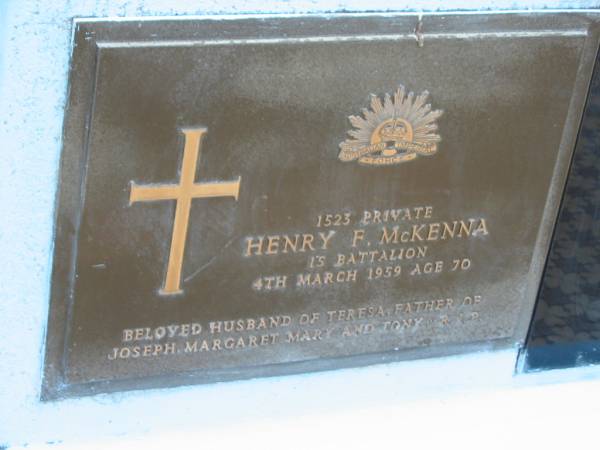 Henry F. MCKENNA,  | died 4 March 1959 aged 70 years,  | husband of Teresa,  | father of Joseph, Margaret, Mary & Tony;  | Mary Teresa MCKENNA,  | mother,  | wife of Henry,  | died 8 June 1978 aged 88 years;  | Howard cemetery, City of Hervey Bay  | 
