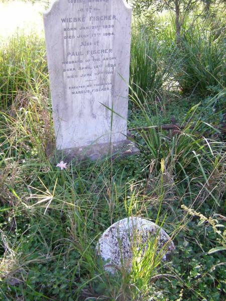 Wiebke FISCHER,  | born 21 Jan 1830 died 17 July 1904;  | Paul FISCHER, husband,  | born 14 April 1828 died 10 June 1911;  | erected by son Marcus FISCHER;  | Hoya/Boonah Baptist Cemetery, Boonah Shire  | 