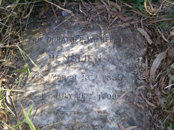 Marie Dorathee Wilhelmine HENSLIEN,  | born 13 March 1833 died 16 July 1909;  | Hoya/Boonah Baptist Cemetery, Boonah Shire  | 