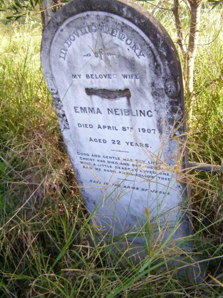 Emma NEIBLING, wife,  | died 8 April 1907 aged 22 years;  | Hoya/Boonah Baptist Cemetery, Boonah Shire  | 