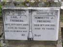 
Carl F FREIBERG
d: 27 Sep 1924, aged 82
Henriette J FREIBERG
d: 9 Jan 1921, aged 75
Hoya Lutheran Cemetery, Boonah Shire

