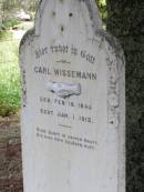 
Carl WISSEMANN
geb 16 Feb 1845, gest 7 Jan 1912
Hoya Lutheran Cemetery, Boonah Shire

