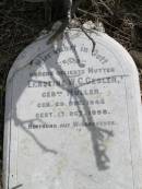 
Ernstine W C GESLER (geb MULLER)
geb: 29 Dec 1842, gest 17 Oct 1898
Hoya Lutheran Cemetery, Boonah Shire


