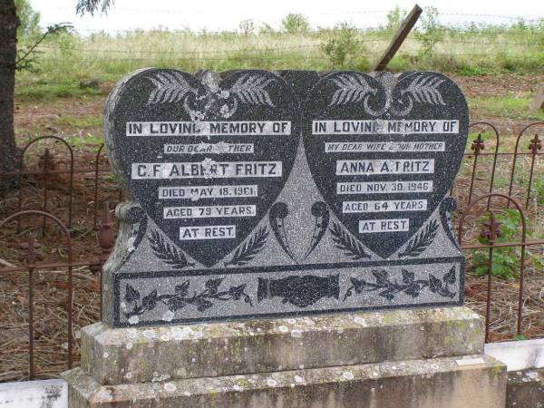 C F Albert FRITZ  | d: 18 May 1961, aged 79  | Anna A FRITZ  | d: 30 Nov 1946, aged 64  | Hoya Lutheran Cemetery, Boonah Shire  |   | 