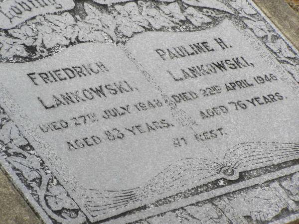 Friedrich LANKOWSKI  | 27 Jul 1948, aged 83  | Pauline H LANKOWSKI  | 22 Apr 1946, aged 76  | Hoya Lutheran Cemetery, Boonah Shire  |   | 