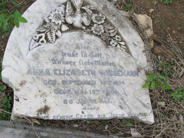 Anna Elizabeth WISSEMANN  | geb 13 Sep 1814, gest 12 Mai 1901  | aged 86  | Hoya Lutheran Cemetery, Boonah Shire  |   | 