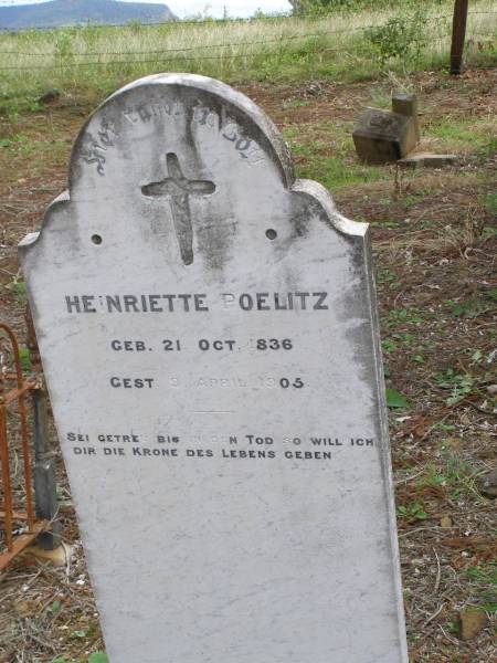 Heinriette POELITZ  | geb: 21 Oct 1836, gest 9 Apr 1905  | Hoya Lutheran Cemetery, Boonah Shire  |   | 