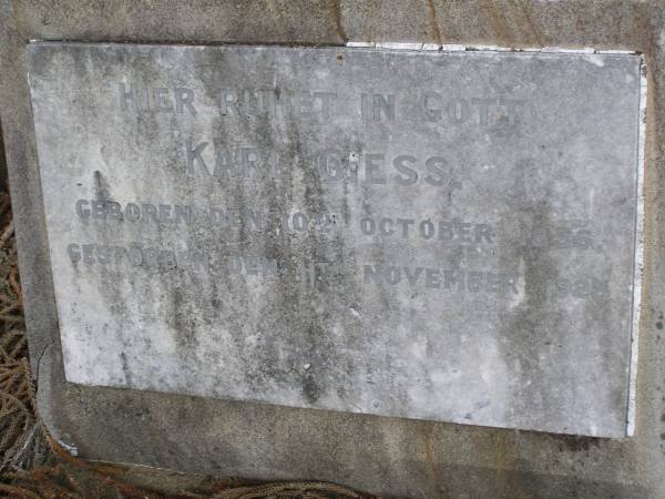 Karl GIESS  | geb 10 Oct 1836, gest 11 Nov 1923  | Hoya Lutheran Cemetery, Boonah Shire  |   | 