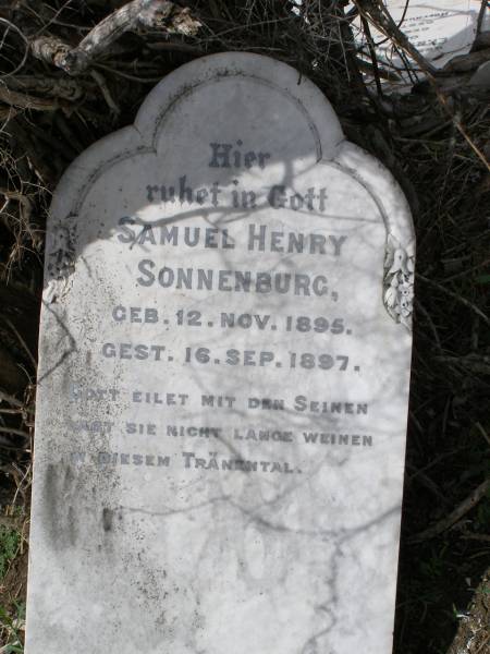 Samuel Henry SONNENBURG  | geb 12 Nov 1895, gest 16 Sep 1897  | Hoya Lutheran Cemetery, Boonah Shire  |   | 