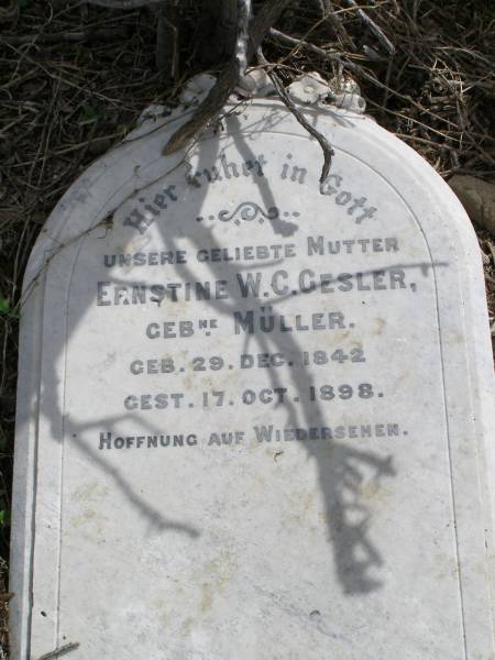 Ernstine W C GESLER (geb MULLER)  | geb: 29 Dec 1842, gest 17 Oct 1898  | Hoya Lutheran Cemetery, Boonah Shire  |   |   | 