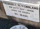 Auguste C. WENDLAND, died 26 June 1941 aged 75 years; Frederick W. WENDLAND, died 25 Sept1944 aged 76 years; Ingoldsby Lutheran cemetery, Gatton Shire 