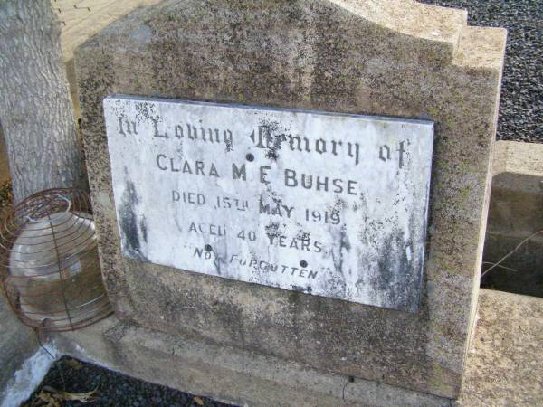Clara M.E. BUHSE,  | died 15 May 1919 aged 40 years;  | Ingoldsby Lutheran cemetery, Gatton Shire  | 