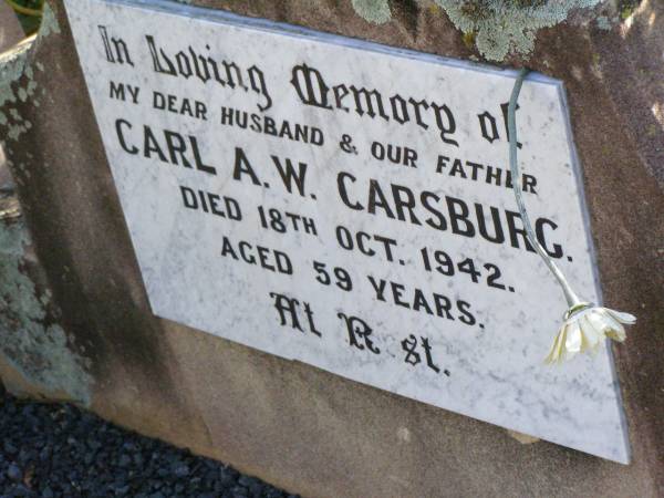 Carl A.W. CARSBURG, husband father,  | died 18 Oct 1942 aged 59 years;  | Ingoldsby Lutheran cemetery, Gatton Shire  | 