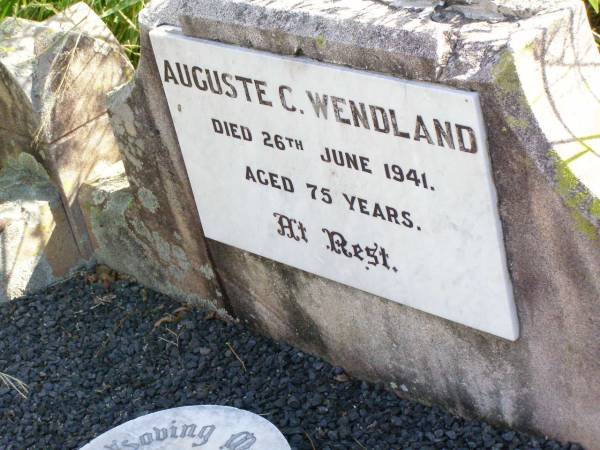 Auguste C. WENDLAND,  | died 26 June 1941 aged 75 years;  | Frederick W. WENDLAND,  | died 25 Sept1944 aged 76 years;  | Ingoldsby Lutheran cemetery, Gatton Shire  | 
