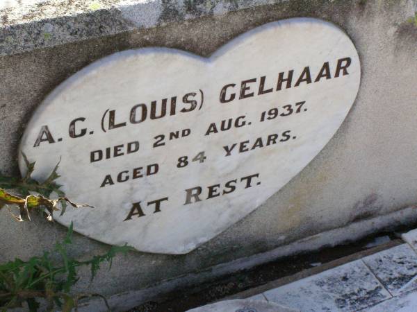 A.C. (Louis) GELHAAR,  | died 2 Aug 1937 aged 84 years;  | Ingoldsby Lutheran cemetery, Gatton Shire  | 