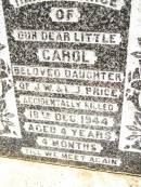 Carol, daughter of J.W. & L.J. PRICE, accidentally killed 16 Dec 1944 aged 4 years 4 months; "Fardie" Stanley G. PRICE, aged 61 years; Jandowae Cemetery, Wambo Shire 