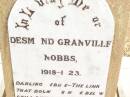 
Desmond Granville NOBBS,
1918 - 1923;
Jandowae Cemetery, Wambo Shire
