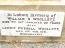 Frederick Austin WOOLLETT, died 12 Oct 1926 aged 23 years; William N. WOOLLETT, died 7 Oct 1929 aged 20 years; Cedric Russell WOOLLETT, died 21 Feb 1941; Jack, Norm, Baby; Jandowae Cemetery, Wambo Shire 