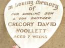 Gregory David WOOLLETT, son brother, aged 7 weeks; Jandowae Cemetery, Wambo Shire 