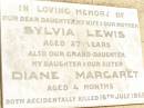 
Sylvia LEWIS,
daughter wife mother,
aged 27 years;
Diane Margaret,
grand-daughter daughter sister,
aged 4 months;
both accidentally killed 16 July 1955;
Jandowae Cemetery, Wambo Shire
