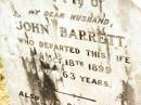 John BARRETT, husband, died 18 Oct 1899 aged 63 years; Harriett, wife, died 24 Sept 1927 aged 82 years; Jandowae Cemetery, Wambo Shire 