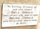 parents; David DONALD, dad, died 3 Oct 1946 aged 73 years; Selina DONALD, mum, died 3 Jan 1928 aged 45 years; Ronald KEEHN, son grandson; Jandowae Cemetery, Wambo Shire 